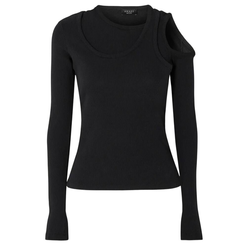 A.W.A.K.E. Mode Layered Black Cutout Ribbed Jersey Top Size Small
